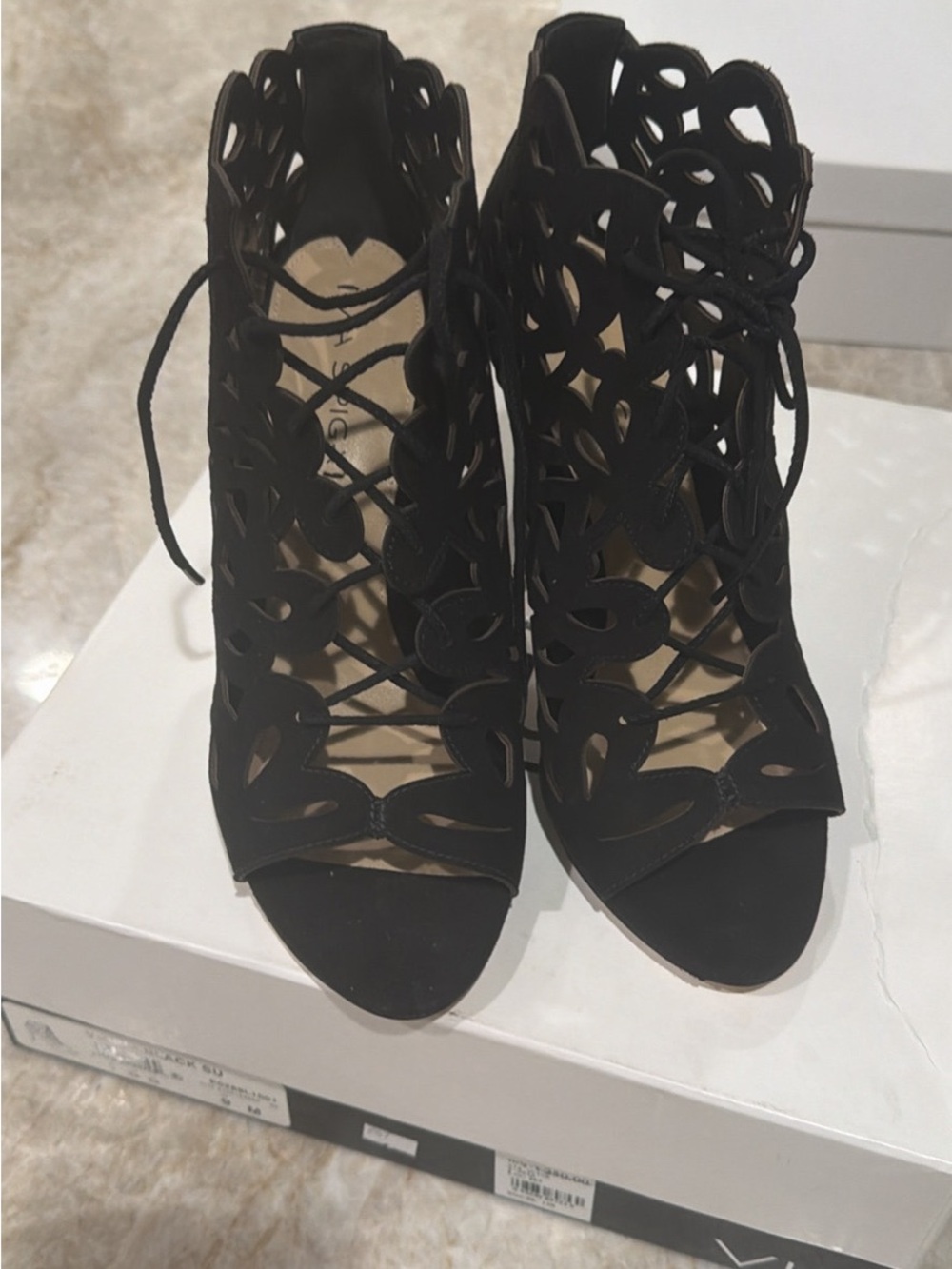 Via Spiga Black Laser-Cut Lace-Up Peep-Toe Heels